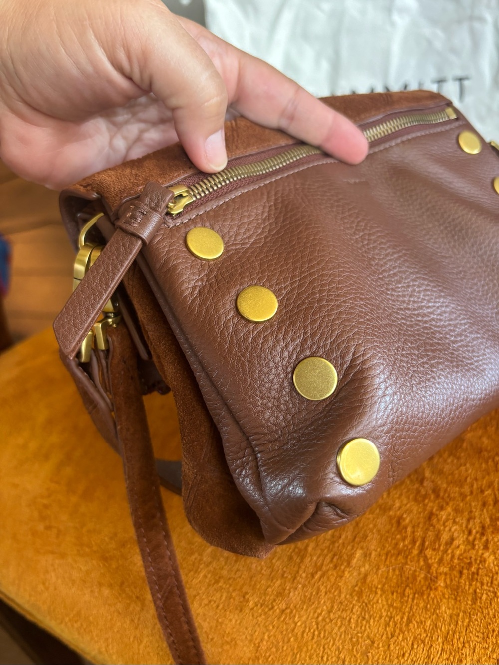 Hammitt Dillon Small Chocolate Diamond Suede Foldover Crossbody Antique Brass - Picture 8 of 9